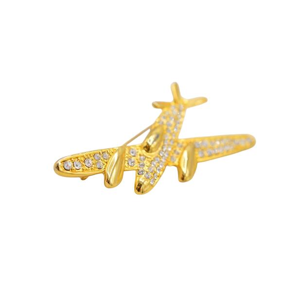 Crystal Airplane Pin Brooch Gold Pave Rhinestone Statement Vintage 1980s Bin1 - Picture 3 of 9